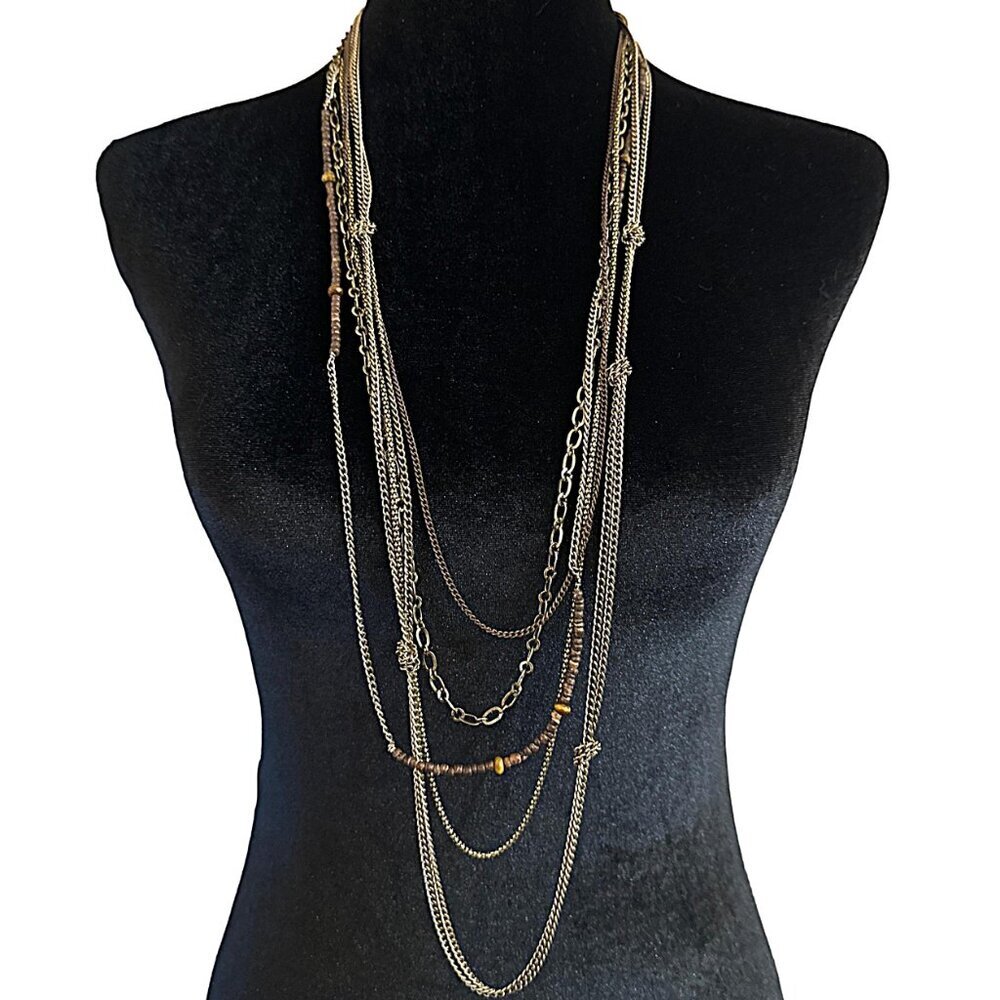 Multi Strand Necklace Gold Tone Beaded 31 Inch Length Boho Style